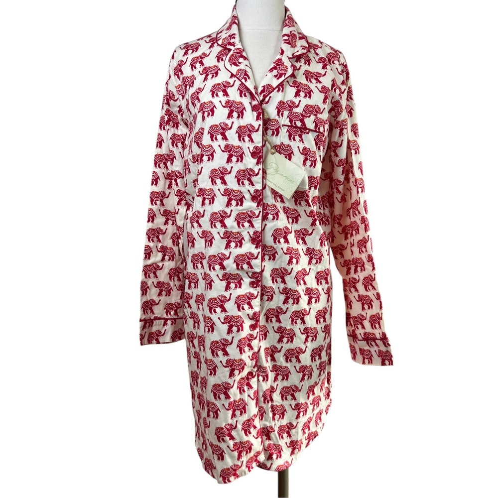 NWT World Market Elephant Night Shirt Womens S/M Red White Bohemian Cotton Sleep